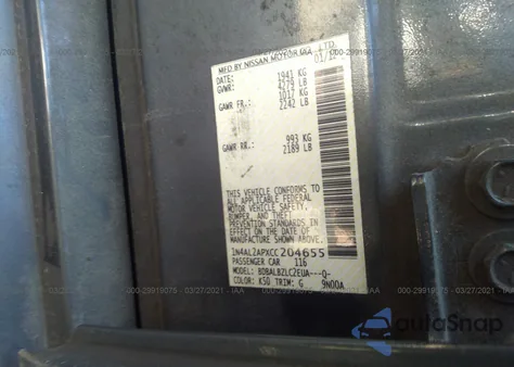 2012 Nissan Altima Base from USA, damaged, VIN 1N4AL2APXCC204655